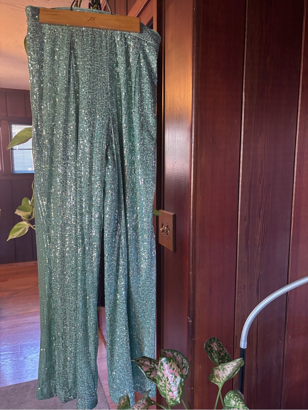 Sparkling Seafoam Green Sequin Wide-Leg Pants
